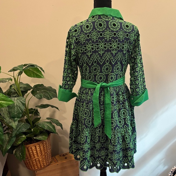 Gretchen Scott Designs Little Bo Peep Kelly Green and Navy Eyelet Dress - Picture 4 of 9